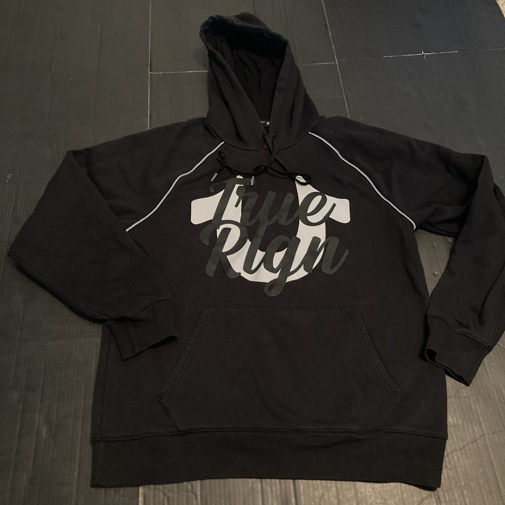 True Religion Hoodie, Script Raglan Pullover, Black, Size Medium, Blend